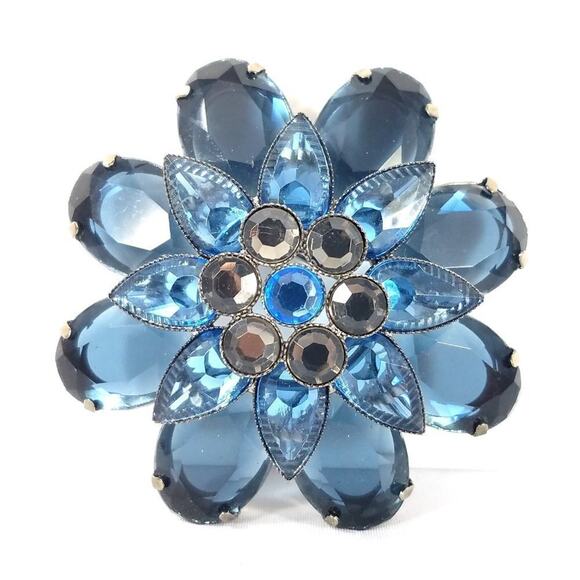 Vintage Blue Lucite Flower Rhinestone Brooch, 2 1/2 Inches - Picture 2 of 6